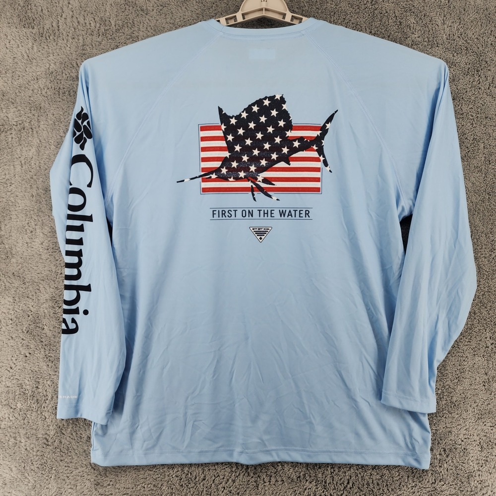 Columbia Shirt Mens XL Blue Graphic Deep Waves‎ PFG Omni-Shade Fishing Patriotic